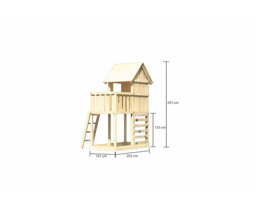 Holz Spielhaus mit Leiter, Kletterwand und Größenangaben