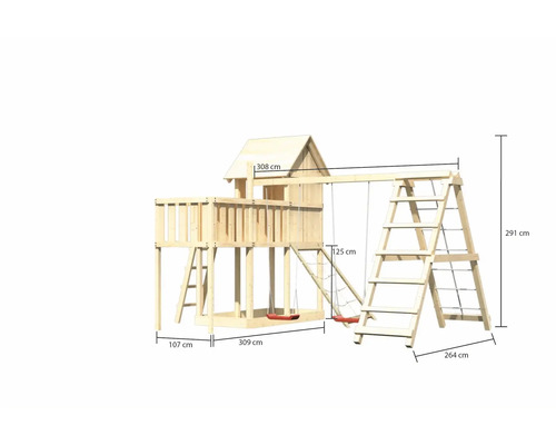 Spielturm aus Holz mit Schaukel und Leiter mit Größenangaben