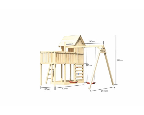 Spielturm aus Holz mit Schaukel und den Maßangaben: 107 cm, 240 cm, 125 cm, 291 cm, 309 cm, 264 cm
