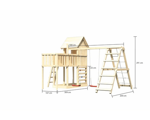 Holzspielturm mit Schaukel und Leiter mit Maßangaben