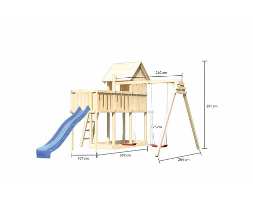 Holzspielturm mit Rutsche und Schaukel, inklusive Maßangaben