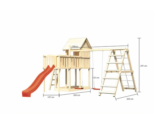 Spielturm aus Holz mit Rutsche, Schaukel und Kletterleiter, inklusive Maßangaben