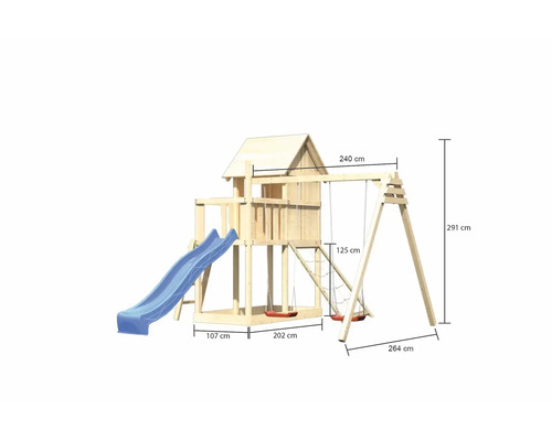 Spielturm mit Rutsche und Schaukel mit Maßangaben