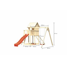Spielturm aus Holz mit Rutsche und Schaukel mit Maßangaben