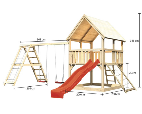 Spielturm aus Holz mit Schaukel, Rutsche und Leiter mit den Maßen