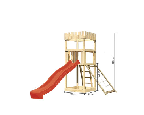 Spielturm mit Rutsche, Leiter und Kletternetz, Maße 107 mal 107 mal 259,5 Zentimeter