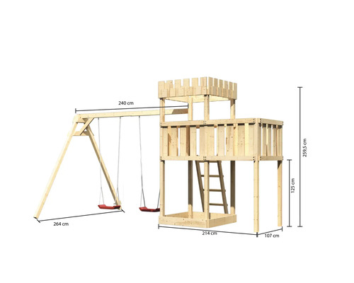 Spielturm mit Schaukel aus Holz mit Maßangaben