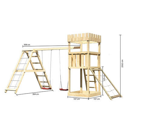 Spielturm mit Schaukel und Leiter mit Maßangaben