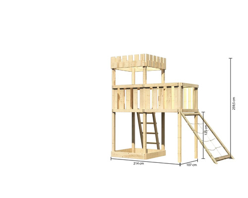 Holzspielturm mit Leiter und Kletternetz mit Maßangaben