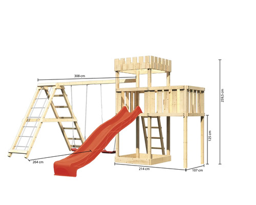 Spielturm mit Rutsche, Schaukel und Leiter mit den Maßen 264 cm x 308 cm x 259,5 cm