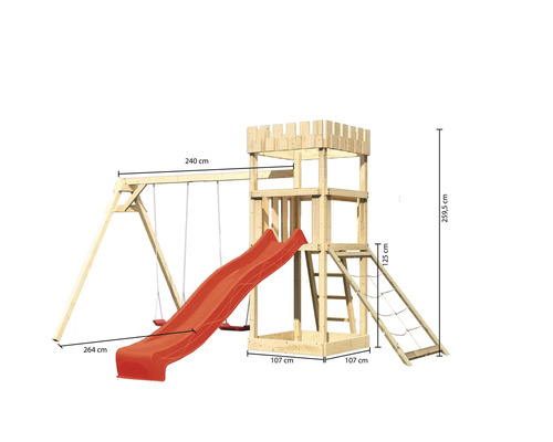 Spielturm mit Schaukel, Rutsche, Leiter und Kletternetz aus Holz