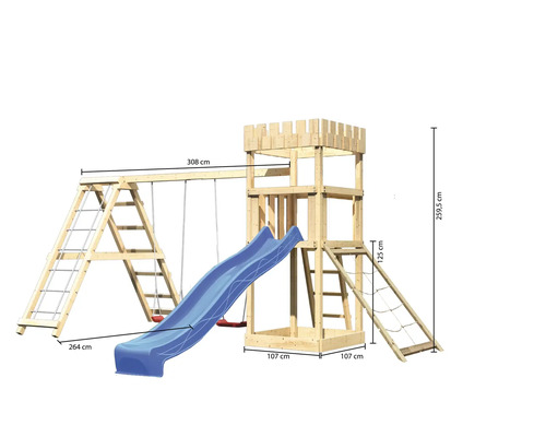 Spielturm aus Holz mit Schaukel, Rutsche und Kletterwand mit den Abmessungen