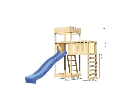 Spielturm aus Holz mit Rutsche, Leiter und Kletterwand mit Maßangaben