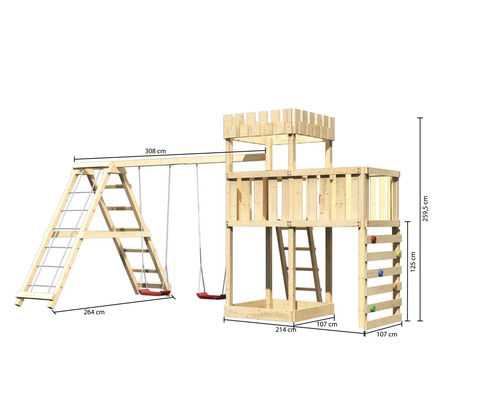 Spielturm aus Holz mit Schaukel, Kletterwand und Leiter
