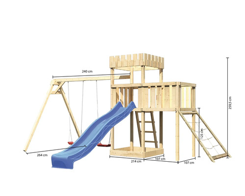 Holzspielplatz mit Schaukel, Rutsche, Kletterwand und Turm mit Abmessungen