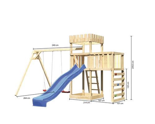 Spielplatz mit Schaukel, Rutsche, Leiter und Kletterwand aus Holz mit Größenangaben