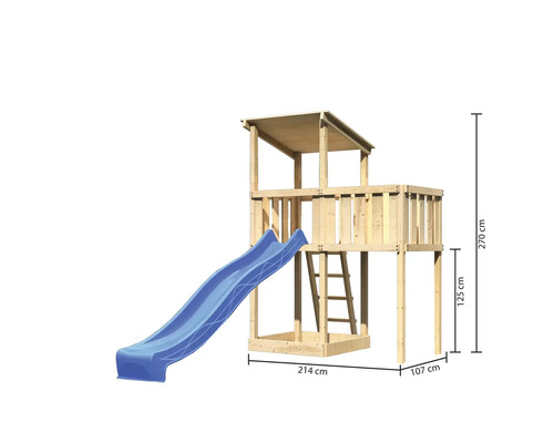 Holz Kinderspielturm mit Rutsche und Leiter, Abmessungen sichtbar