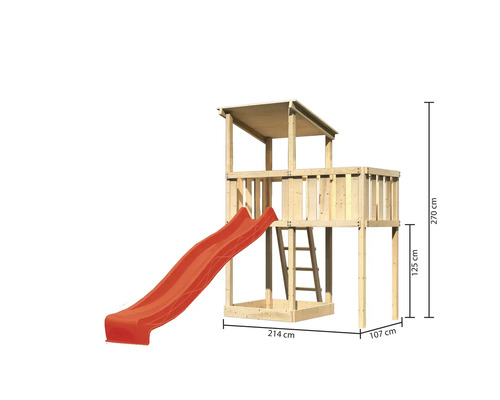 Spielturm aus Holz mit Rutsche und Leiter sowie Höhenangaben