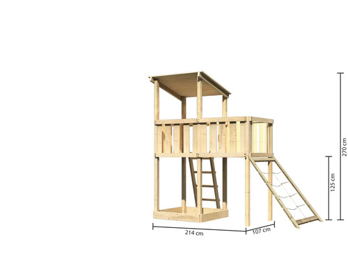 Spielturm aus Holz mit Leiter und Kletternetz