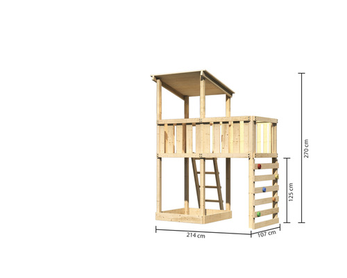 Spielturm aus Holz mit Leiter und Kletterwand sowie Höhenangaben