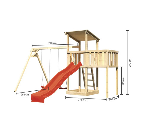 Spielturm aus Holz mit Rutsche und Schaukel, Maße sind angegeben