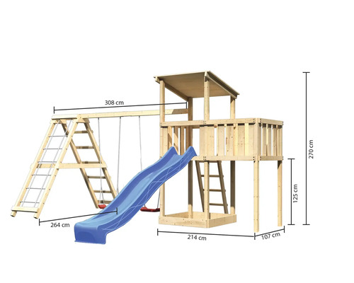 Spielplatz mit Rutsche, Schaukel und Klettergerüst aus Holz mit Maßangaben