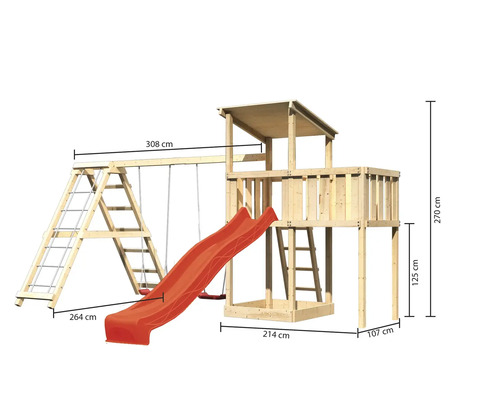 Holzspielturm mit Schaukel, Rutsche und Kletterwand mit Größenangaben