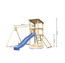 Spielturm Spielhaus Karibu Anna 107 x 107 cm Holz bestehend aus Rutsche, 2 Brettschaukeln, Netzrampe blau