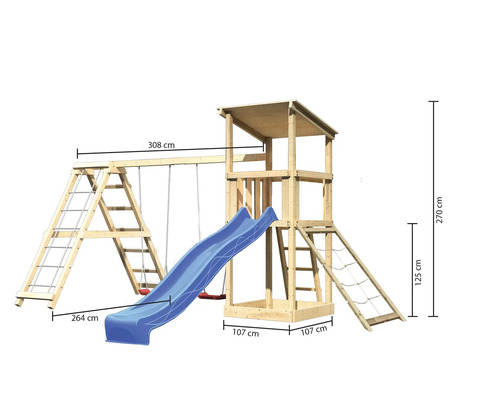 Spielturm mit Schaukel, Rutsche, Sandkasten und Leiter aus Holz mit Maßangaben