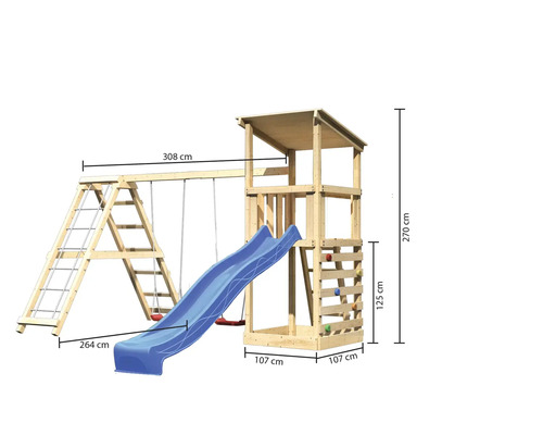 Spielturm mit Schaukel, Rutsche, Kletterwand und den Maßen 270 cm Höhe, 308 cm Breite und 264 cm Länge.