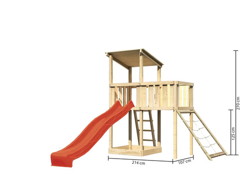 Holzspielturm mit Rutsche, Leiter und Kletternetz