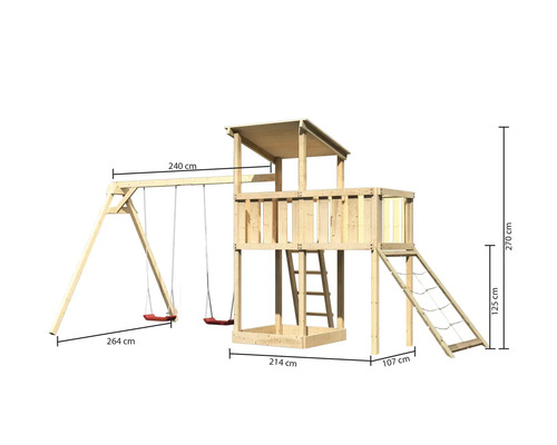 Spielturm aus Holz mit Schaukel und Rutsche mit den Maßen 270 cm Höhe, 264 cm Länge und 240 cm Breite