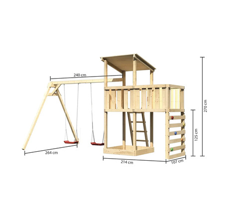 Spielturm mit Schaukel und Kletterwand, mit Maßangaben.