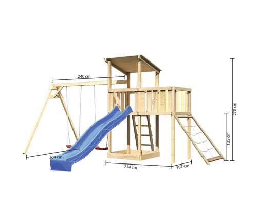 Spielturm mit Schaukel, Rutsche, Leiter und Kletternetz