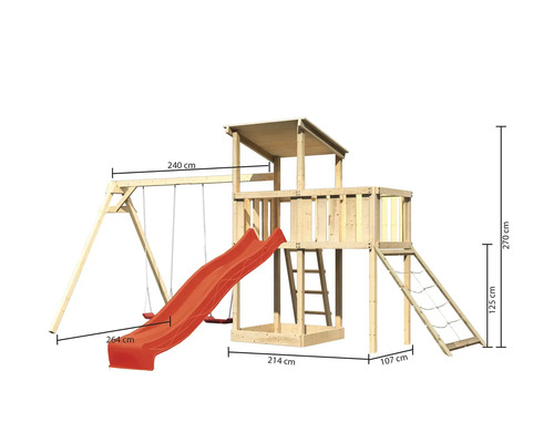 Spielplatz mit Schaukel, Rutsche, Kletterwand und Spielturm aus Holz mit Maßangaben