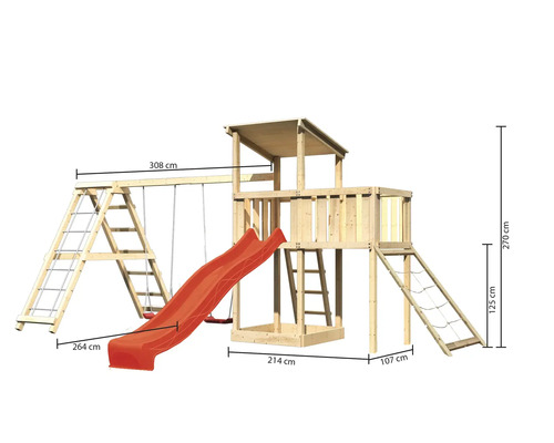 Holzspielplatz mit Schaukel, Rutsche, Kletterwand und Spielturm mit Maßangaben