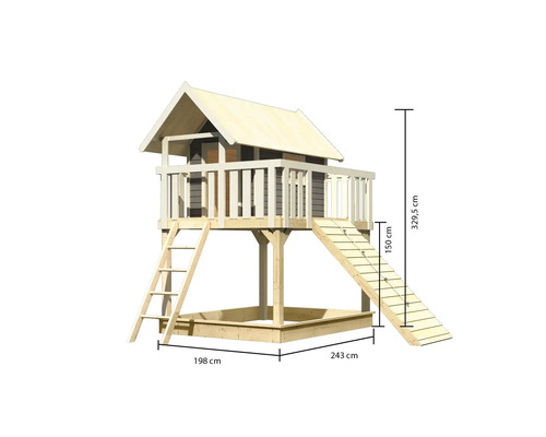 Spielhaus mit Sandkasten, Rutsche und Leiter, circa 329,5 cm hoch, circa 243 cm breit und circa 198 cm tief