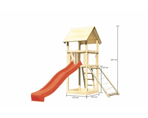 Spielturm aus Holz mit Rutsche und Leiter sowie den Massangaben 291 cm Höhe, 107 cm Breite und 125 cm Leiterhöhe