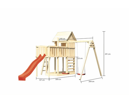 Spielturm aus Holz mit Rutsche und Schaukel, inklusive Maßangaben