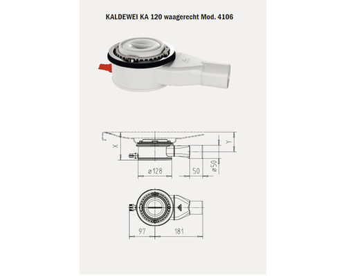 Kaldewei KA 120 waagerecht Ablaufgarnitur Mod. 4106 mit Maßangaben