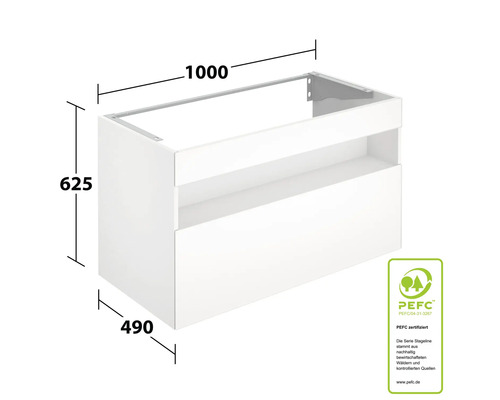 Waschtischunterschrank mit Schubladen und den Maßen 1000 x 625 x 490 Millimeter, mit PEFC Siegel