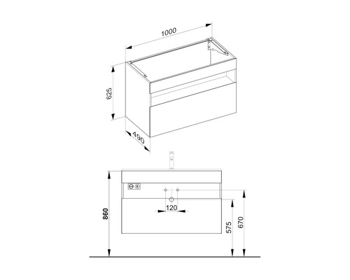 Technische Zeichnung eines Waschtischunterschranks mit Maßen.