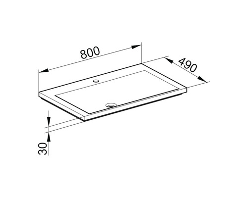 Technische Zeichnung eines Waschtisches mit den Maßen 800 x 490 x 30 mm