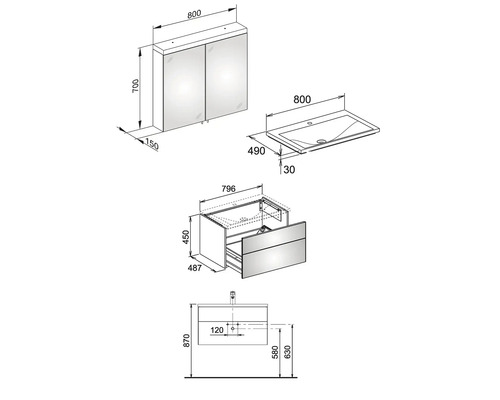 Technische Zeichnung eines Waschtischsets mit Waschtischunterschrank, Aufsatzwaschbecken und Spiegelschrank mit Maßangaben.
