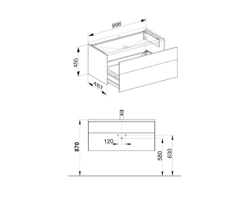 Zeichnung eines Waschtischunterschranks mit Maßangaben.