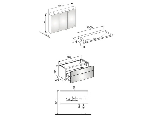 Technische Zeichnung eines Waschtischunterschranks mit Waschbecken und Spiegelschrank mit Maßangaben