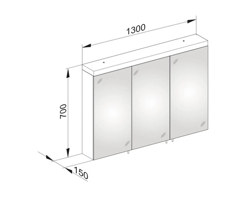 Technische Zeichnung eines Spiegelschranks mit Maßangaben 1300 x 700 x 150 mm.