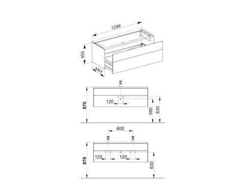 Technische Zeichnung eines Waschtischunterschranks mit Maßangaben