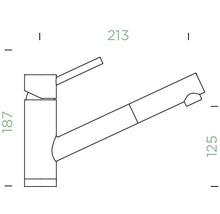 Technische Zeichnung einer Küchenarmatur mit Maßangaben.