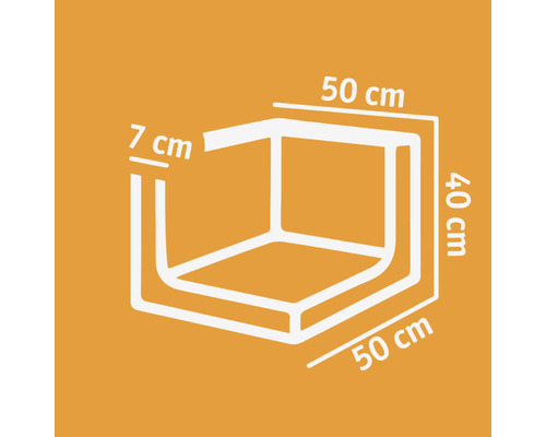 Technische Zeichnung eines Möbelelements mit den Maßen 50 cm x 50 cm x 40 cm und einer Wandstärke von 7 cm.